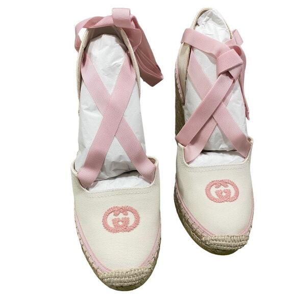 Gucci GG Espadrille Ribbon Tie Canvas Pink Wedge White 38.5 - Picture 2 of 9